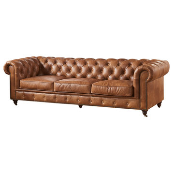 Crafters and Weavers Top Grain Leather Chesterfield Sofa, Light Brown