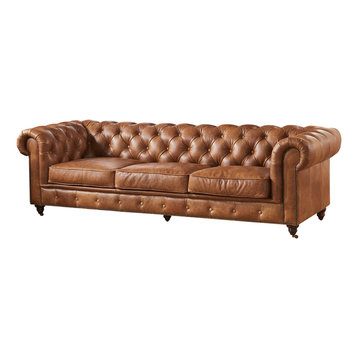 Crafters and Weavers Top Grain Leather Chesterfield Sofa, Light Brown