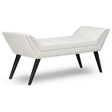 Contemporary Accent Bench, Tapered Legs & Padded Faux Leather Seat, White/Black
