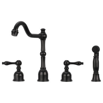 Two-Handles Copper Widespread Kitchen Faucet with Side Sprayer, Matte Black