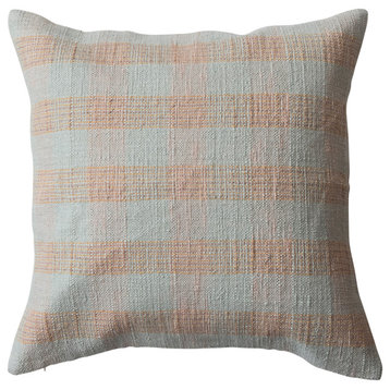 Plaid Hand-Woven Cotton Pillow, Mint, Pink and Tan