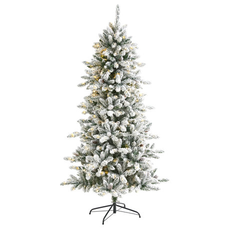 6� Flocked Livingston Fir Christmas Tree / Pine Cones/300 Clear Warm LED Lights