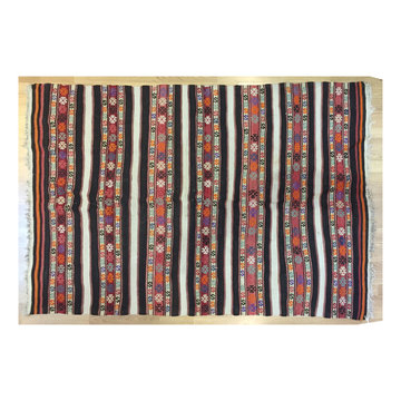 Vintage 7x4 Turkish Kilim Area Rug, Unique White Red Wool Distressed Bedroom Fri