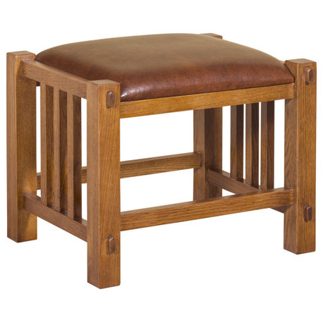 Crafters and Weavers Mission Spindle Stool - Quarter Sawn Oak & Leather (2 Color, Michael's Cherry
