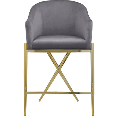 Xavier Velvet Upholstered Counter Height Stool, Gray, Gold Finish