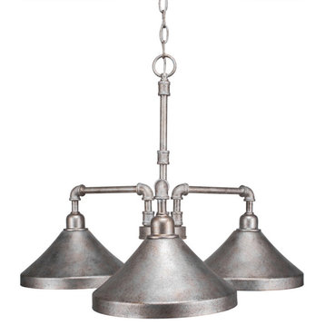 Vintage 3-Light Chandelier, Aged Silver/Aged Silver Cone Metal Shade