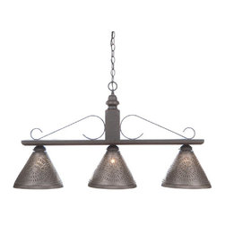 Handmade In USA - Wood and Wrought Iron Bar Island Light With Punched Tin Shades - Kitchen Island Lighting