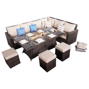 9 Pieces Patio Rectangle Firepit Dinging Table Sofa Set with Wind Guard, Set