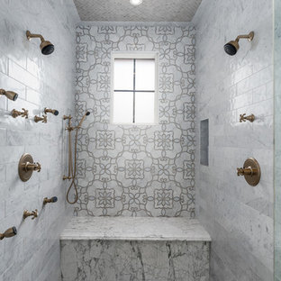Example of a huge cottage master multicolored tile and mirror tile porcelain floor and multicolored floor bathroom design in Phoenix with furniture-like cabinets, light wood cabinets, a two-piece toilet, multicolored walls, a drop-in sink, marble countertops, a hinged shower door and multicolored countertops