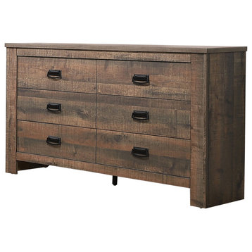Rustic Double Dresser, 6 Large Drawers With Dark Bronze Hardware, Weathered Oak