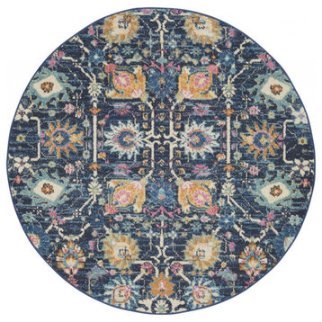 5' Navy Blue Round Floral Power Loom Area Rug