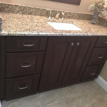 Transitional Marble Falls Bathroom Remodel w/ Oro Brazil Granite Countertop
