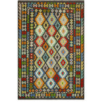Bareens Designer Rugs - Bohemian Turkish Kilim Macdonal Hand-Woven Wool Rug - 6'9'' x 9'6'' - Elevate the elegance of your home with this stunning hand-woven tribal Kilim wool rug. Meticulously crafted on a loom by the Nomad Turkman people using hand-spun wool and 100% natural vegetable dyes, these rugs are recognized for their repetitive geometric patterns, incorporating naturalistic floral and traditional designs. The contemporary fashion palette results in bold, sharp patterns that are incredibly versatile, as the pattern is the same on both sides. These reversible rugs feature a lighter shade on one side and brighter colors on the other, providing versatility according to preference. These unique rugs are made by knotting short strands of different colors onto the warps and securing them by tightly pressing the wefts. The designs are created by interweaving the various colored wefts and warps. Kilims are known for their exceptional durability and versatility, making them truly unique rugs.  Product Details    Rug Size: 6'9'' x 9'6''  Material: 100% Wool  Style: Kilim, Flat Weave, Dhurrie, Turkish, Southwestern, Rustic, Tribal  Colors: Grey, Rust  Weave Type: Hand-Woven, Handmade  Pile Height: Less than 0.25 inch