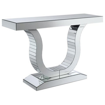 Unique Console Table, Mirrored Design With U-Shaped Base & Rectangle Top, Silver