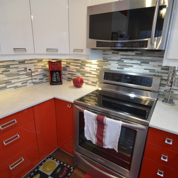 Semi-custom Ikea white and red kitchen