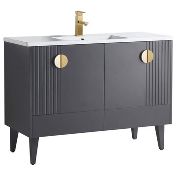 Venezian Single Bathroom Vanity, Rock Gray, 48", Satin Brass Handles, One Sink