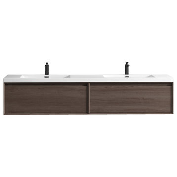 Aurora 84'' Double Sink Wall Mounted Modern Bathroom Vanity, Red Oak