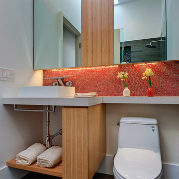 modern cabinetry in tight bathroom