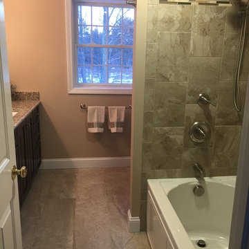 Transitional Marble Falls Bathroom Remodel w/ Oro Brazil Granite Countertop