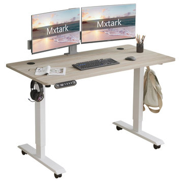 Electric Adjustable Desk, White Iron Legs With Oak Finished Top & Headphone Hook