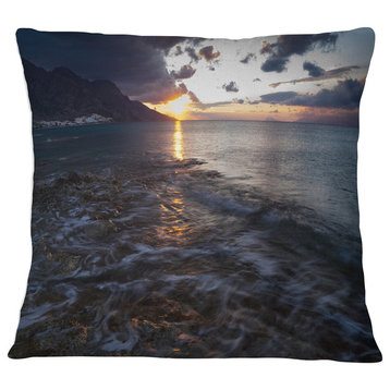 Gloomy Sea Coast at Sunrise Modern Seashore Throw Pillow, 16"x16"