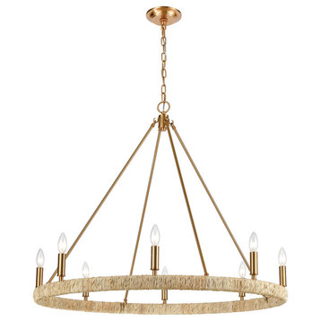 Abaca 8-Light Chandelier, Satin Brass With Abaca Rope Accents