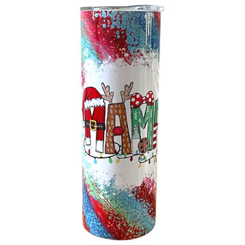 Mama Christmas Red Green Holiday Glitter Look 20 Oz Metal Tumbler w/Lid Straw