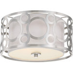 Nuvo Lighting - Nuvo Lighting 60/5942 Filigree 2 Light 14-5/8"W Flush Mount Drum - Brushed - Features Crafted from metal White linen fabric shade Requires (2) 60 watt medium (E26) bulbs Dimmable when used with incandescent bulbs UL rated for dry locations Dimensions Height: 8" Width: 14-5/8" Product Weight: 8.3 lbs Electrical Specifications Bulb Base: Medium (E26) Number of Bulbs: 2 Bulbs Included: No Watts Per Bulb: 60 watts Wattage: 120 watts Voltage: 120 volts
