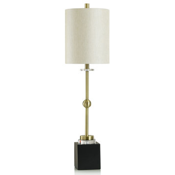 Halle Brass Buffet Lamp Modern Design on Black Pedestal Base Cream Shade