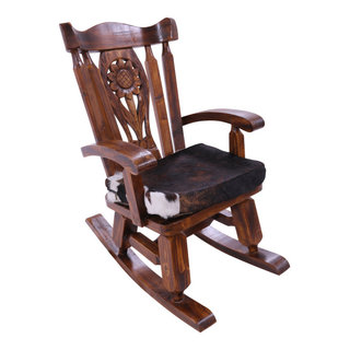 Wooden Rocking Chair Handcarved Back Removable Hair-On Cowhide Pillow ...