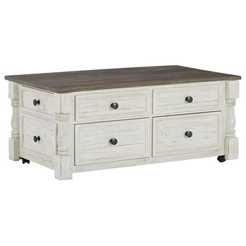 Coffee Table, Lift Up Top With Storage Drawers & Pull Handles, White Wash/Gray