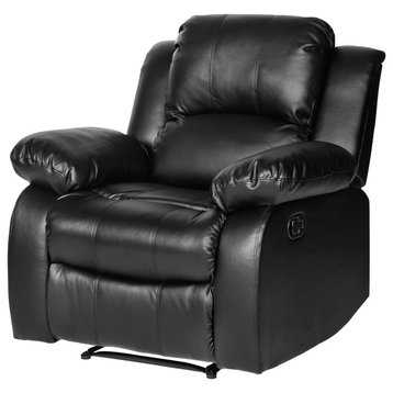 Modern Recliner Chair, Faux Leather Upholstery With Pillow Top Arms, Black