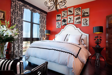 Transitional dark wood floor bedroom photo in Miami with red walls and no fireplace