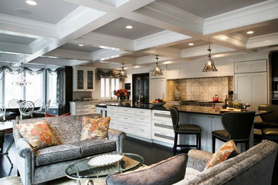 Example of a large classic formal and open concept dark wood floor and brown floor living room design in Philadelphia with gray walls