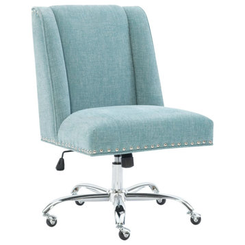Transitional Office Chair, Padded Seat With Nailhead, Aqua Fabric