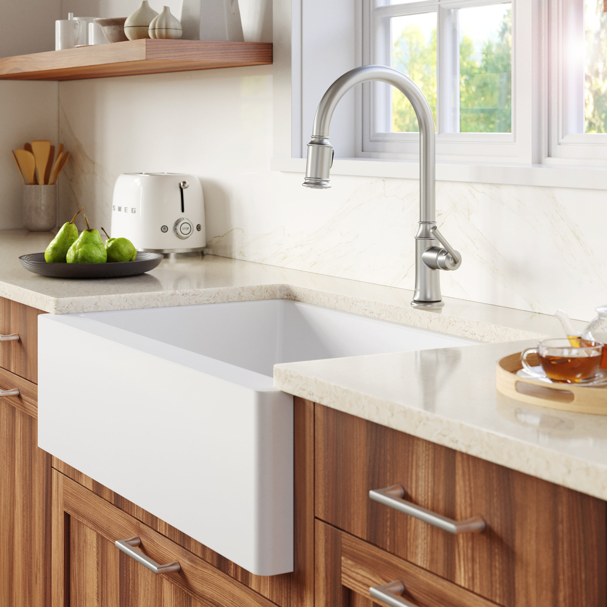 Karran Farmhouse/Apron-Front Quartz 34" Single Bowl Kitchen Sink, White