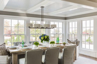 Example of a mid-sized transitional dark wood floor kitchen/dining room combo design in Boston with gray walls