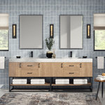 MOD - Bahia Bath Vanity, Oak, 84", Matte Black Hardware, Double, Freestanding - The luxurious Bahia Vanity draws on multiple materials to exude a contemporary, refreshing feel. Constructed with built-in legs, concealed hinges and adorned with stylish hardware, your bathroom will feel part of the new age while preserving the natural warmth of vintage designs. Keep things tidy and hidden with the soft-close drawers and cabinets, and display it your way across the beautiful, thick natural stone countertop and lower tray.
