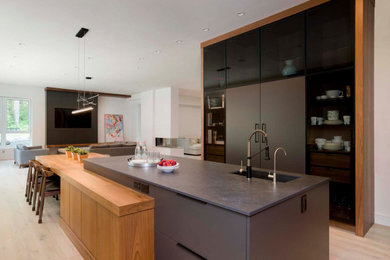 Inspiration for a large contemporary light wood floor open concept kitchen remodel in Boston with an undermount sink, flat-panel cabinets, gray cabinets, quartz countertops and an island
