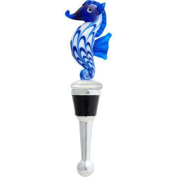 Blue and White Seahorse Bottle Topper Stopper Glass