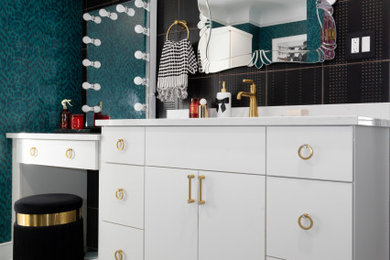 Mid-sized kids' black tile and porcelain tile porcelain tile, multicolored floor, single-sink and wallpaper bathroom photo in Detroit with flat-panel cabinets, white cabinets, a one-piece toilet, multicolored walls, an undermount sink, quartz countertops, white countertops, a niche and a built-in vanity