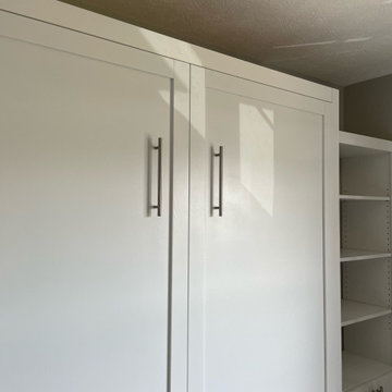 Custom Built Vertical Queen Size Murphy Bed with Side Shelving & Cabinetry