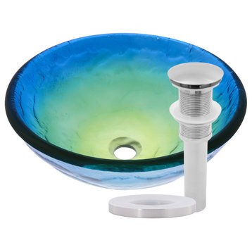 Mare Blue Ombré Round Tempered Glass Vessel Bathroom Sink and Drain, Brushed Nickel