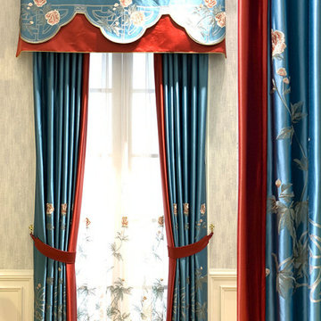 QYHL226H Silver Beach Embroidered Peony Faux Silk Blockout Curtains For Living R