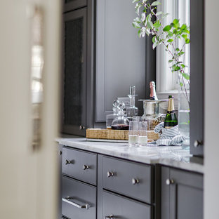 シカゴの大きいトランジショナルスタイルのおしゃれなウェットバー (グレーのキャビネット、珪岩カウンター、シェーカースタイル扉のキャビネット) の写真