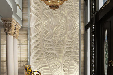 Huge trendy marble floor entryway photo in Other with white walls and a black front door