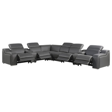 Marco-8-Piece, 4-Power Reclining Italian Leather Sectional, Dark Gray
