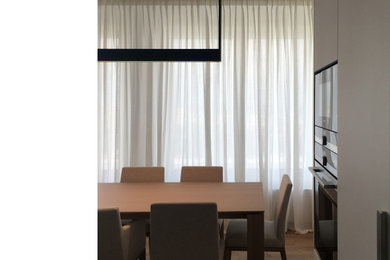 Свежая идея для дизайна: кухня-столовая в современном стиле с белыми стенами и полом из ламината - отличное фото интерьера