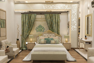 Foto de habitación de invitados minimalista grande con paredes multicolor, suelo de mármol y casetón