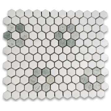 Thassos White Ming Green Marble Rosette Hexagon Mosaic Tile Honed, 1 sheet